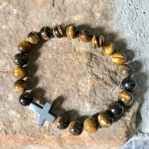 Tiger&#39;s Eye Natural Stone Bracelet, Cross Bracelets, Gifts for Dad, Christian Jewelry, Hope, Layering, Family Matching Bracelet, Choose Size
