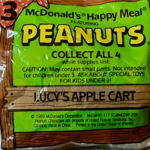Vintage 1989 McDonald’s Happy Meal Toy, Peanuts, Charlie Brown, Unopened, Lucy and Her Apple Cart, 1980s Vintage