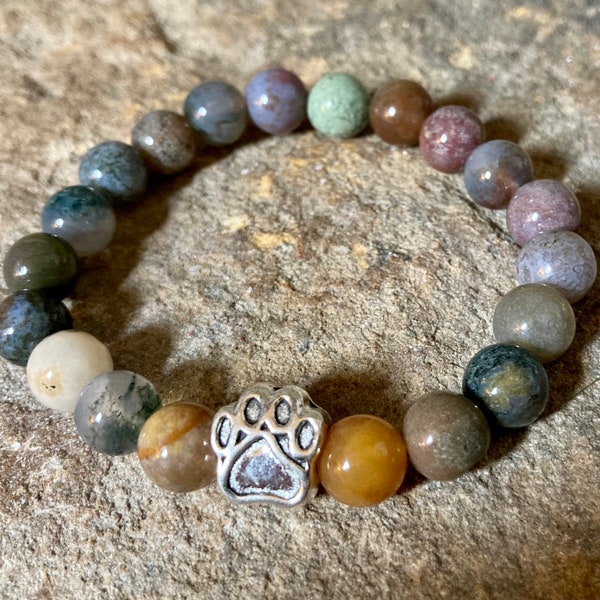 Multicolor Jasper Natural Stone Paw Print Bracelet, Paw Print Bracelet, Pet Memorial Jewelry, Rainbow Bridge Bracelet, Gifts for Pet Lovers