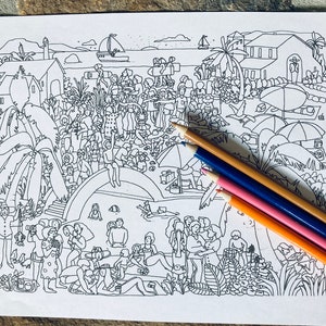 Kolorowanka dla dorosłych „Plaża nad morzem”, kolorowanka „Doodles Printable Coloring Page”, pobieranie cyfrowe, projekt dla dorosłych „Arts and Crafts Project”, sztuka nad morzem na plaży