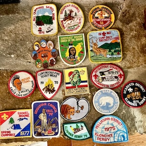 Könnte beinhalten: Eine Sammlung von siebzehn gestickten Boy Scouts of America Aufnähern in verschiedenen Formen und Designs, darunter kreisförmige, schildförmige und rechteckige Abzeichen mit farbenfrohen Illustrationen von Tieren, Landschaften und pfadfinderbezogenen Texten.
