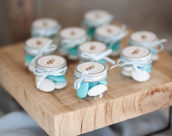 Small jar with confetti holder cap with personalized adhesive, birth favor, baptism place card, end-of-party gift