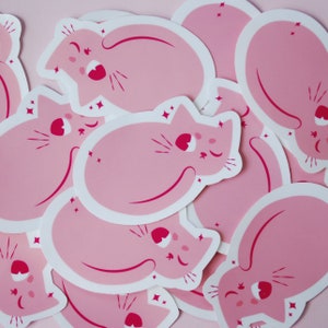 May include: Pink cat stickers with a white outline. The cats are in various poses, including sleeping and curled up. The stickers have a sparkly design.