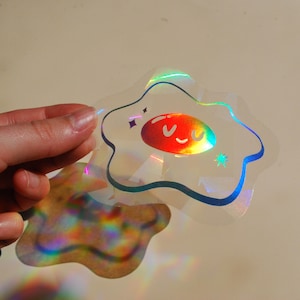 Egg Sun Catcher Sticker - Silver -  Rainbow Maker Window Cling - Fried Egg Decal - Holographic - Silver - Opal - Black - White