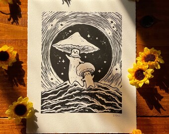 Linoprint champignon | Impression de type amusant | Linogravure Cottage Core | Art mignon de champignon