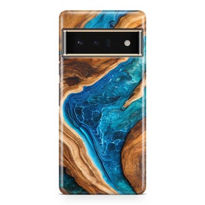 Blue Resin & Wood Case - Google Pixel 10a, 10, 9a, 9, 9 Pro, 9 Pro XL, 8a, 8, 8 Pro, 7a, 7, 7 Pro, 6, 6a, 6 Pro, 5, 4a 5g, 4a, 4 XL, 3a xl