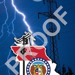 May include: A blue and red Missouri state flag with a white star-shaped circle in the center. The flag is superimposed on a silhouette of a power line tower with a lineman working on the lines. The background is a dark blue sky with lightning bolts.