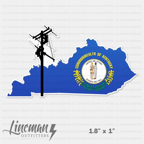 Kentucky Lineman Hard Hat Decal 1.8" x 1", KY State Outline with Flag and Lineman Inlay, Lineman, Power Lineman, Line Life Sticker