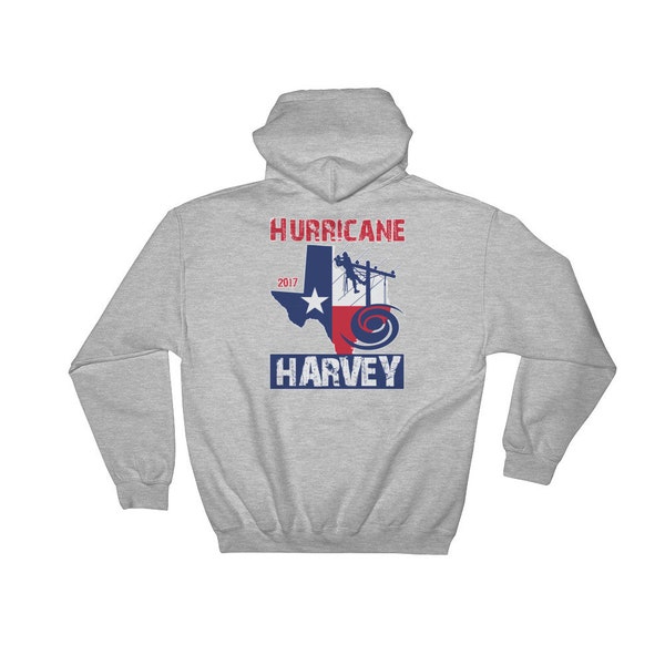 Hurricane Harvey 2017 – State of Texas outline with lineman silhouette and hurricane symbol. Hooded Sweatshirt
