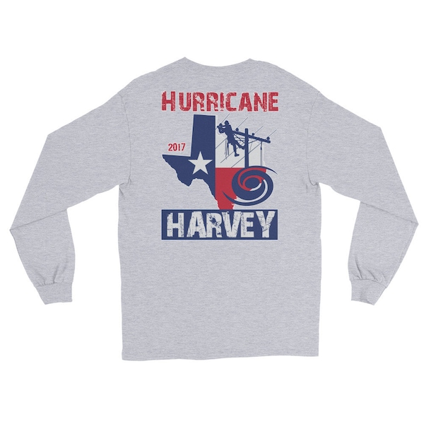 Hurricane Harvey 2017 – State of Texas outline with lineman silhouette and hurricane symbol. Long Sleeve T-Shirt