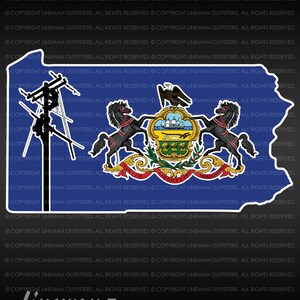 Pennsylvania Lineman All Weather Decal 4.6″ x 8″, PA State Outline with Flag and Lineman Inlay, Lineman, Power Lineman, Line Life Sticker