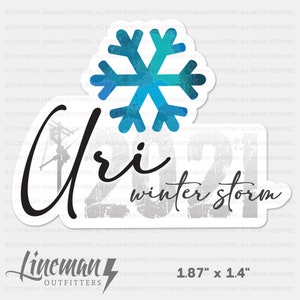 May include: A white sticker with a blue snowflake and the text "2021 winter storm" in black. The sticker is 1.87 inches by 1.4 inches and has a distressed, vintage look.