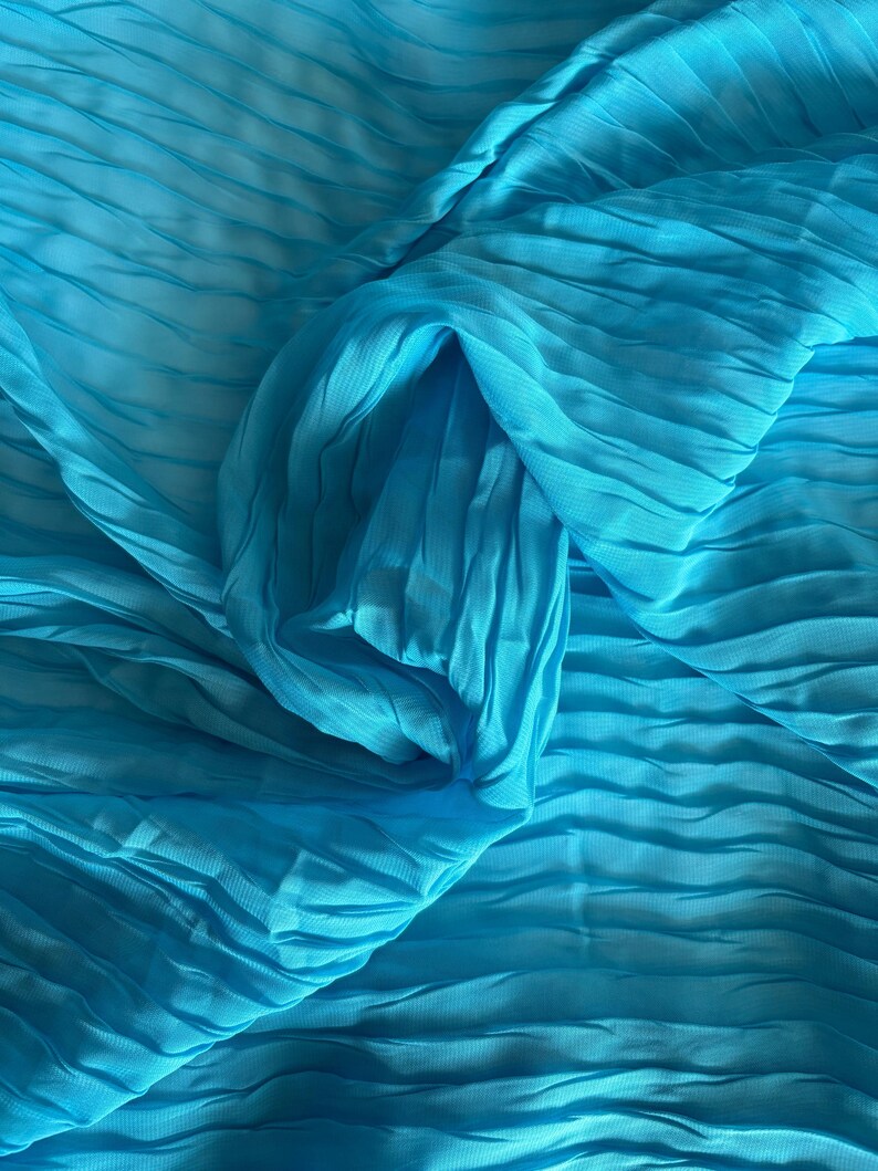 Turquoise Pleated Chiffon Fabric Polyester Crinkle Fabric for Dresses Skirts and Apparel Fabric by the Yard image 10