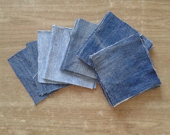 Set 30 Upcycled Denim Quilt Squares: Blue Jean Fabric for Patchwork 3.5 inch/ 9cm