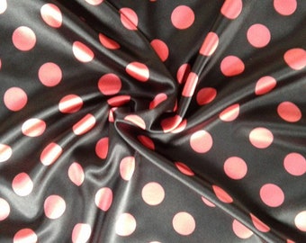 Tissu satin noir rose à pois : couture élégante, tricot extensible par mètre