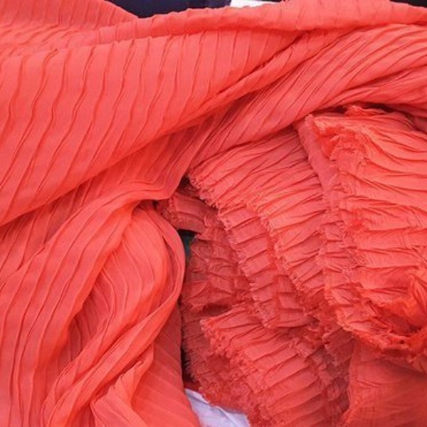 Pleated chiffon fabric by the yard Burnt orange Wedding Ruffled dress women Summer Blouse skirt Coral bridesmaid Plisse Satin Polyester Robe
