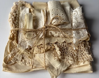 Neutral Vintage Lace Bundle Coffee Dyed Fabric & Trim Kit for Junk Journal, Slow Stitch, Textile Collage Cottagecore Craft Set