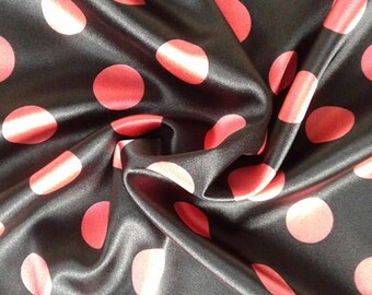 Tissu satin noir : imprimé pois rouges, couture extensible - l'mètre