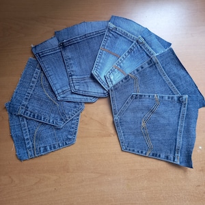 8 pieces Jeans pocket Denim pockets Home decorating Quilting and sewing Recycled jeans Denim quilt supply Pocket patches Vintage Scrap Old