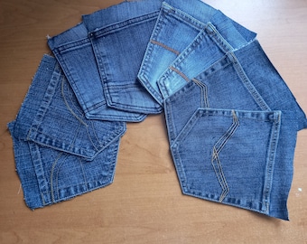 8 pieces Jeans pocket Denim pockets Home decorating Quilting and sewing Recycled jeans Denim quilt supply Pocket patches Vintage Scrap Old