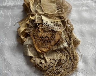 Coffee Dyed Lace Fabric Bundle Vintage Lace Scraps Slow Stitch Kit Junk Journal Bundle Trim