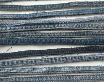 Upcycled Denim Seams jean cord Recycled Jeans Ribbon coarse Cotton denim bracelet from old jeans diy Fabric scraps crafts Handmade patchwork