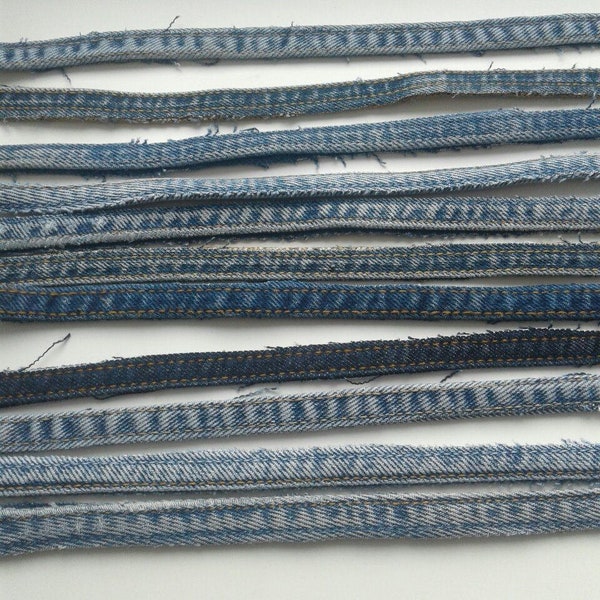 Upcycled Denim Seams jean cord Recycled Jeans Ribbon coarse Cotton denim bracelet from old jeans diy Fabric scraps crafts Handmade patchwork