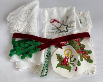 Christmas Textile Bundle Vintage Lace Embroidery Pack Junk Journal Kit Slow Stitch Fabric Scraps Holiday Craft Supplies