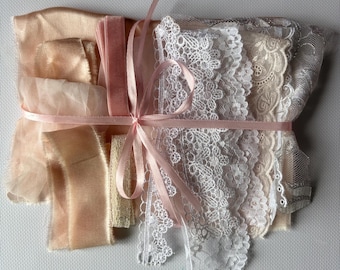 Lace Fabric Bundle Bridal Satin Lace Scrap Pack Junk Journal Slow Stitch Supplies, Romantic Textile Kit Ivory Blush Craft Set