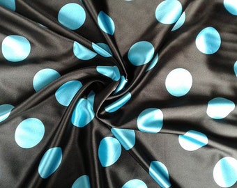 Blue Turquoise Polka Dot Black Stretch Satin Fabric: Dressmaking Sewing, By The Yard