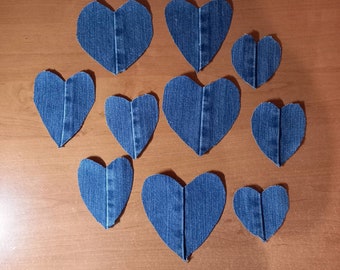 10 Denim Heart Patches: Upcycled Jean Fabric Appliques, 3"