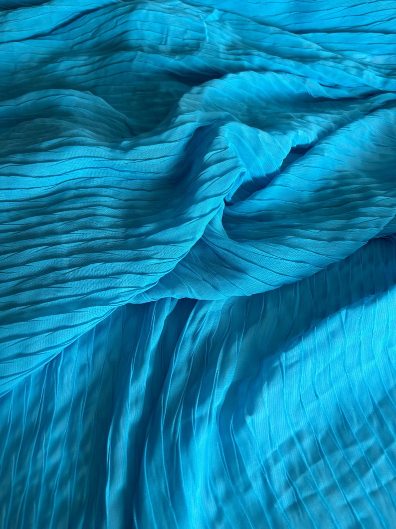 Turquoise Pleated Chiffon Fabric Polyester Crinkle Fabric for Dresses Skirts and Apparel Fabric by the Yard image 8