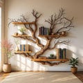 Hand-Carved Artistic Tree Bookshelf – Large Wall Mounted Live Edge Wood Shelves