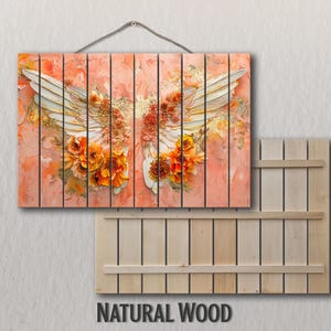 Wood Wall Art - Angel Wings Painting Printed on Wood, Roman Catholic Wall Art, Angel Wings in Flowers Painting, Modern Religious Wall Decor