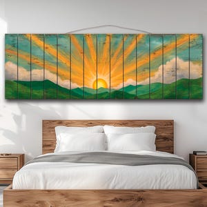 Boho Rustic Wood Print - Radiant Sunrise Over Rolling Hills Print on Natural Wood, Boho Sunrise Painting, Boho Sun Print, Boho Wall Decor