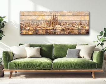 Barcelona Skyline with Sagrada Familia Print on Natural Wood