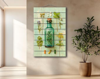 Rustikale Apothekerflasche aus Holz - Auf Holz gedruckte Vintage Apothekerflasche - Rustikale Kräuterwandkunst
