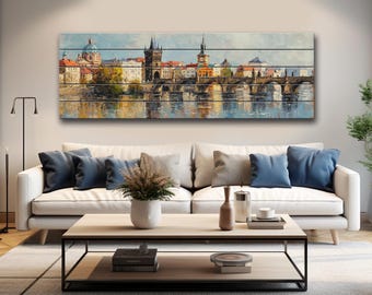 Vintage Prague Skyline Print on Natural Wood, Retro Czech Republic Wall Art