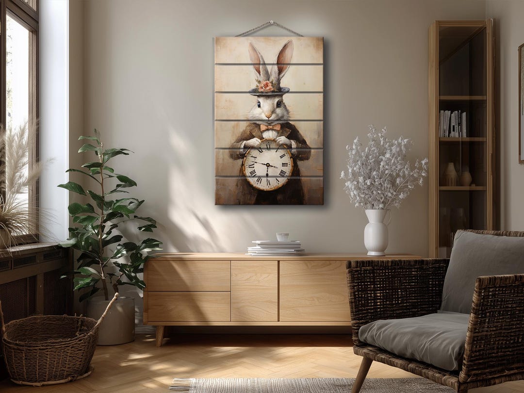 Wood Rabbit Clock Vintage Rabbit With Clock – Whimsical Animal Art on Natural Wood - Etsy