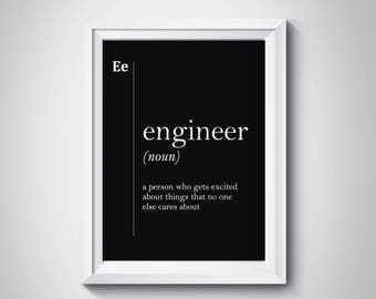 Funny Engineer Definition Professions Wall Art Engineer Gift Black & White Office Decor Coworker New Job Gift Dictionary Art Typography