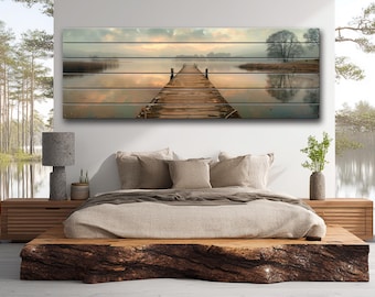 Lámina con estampado de muelle de madera sobre madera natural – Decoración rústica para pared junto al lago