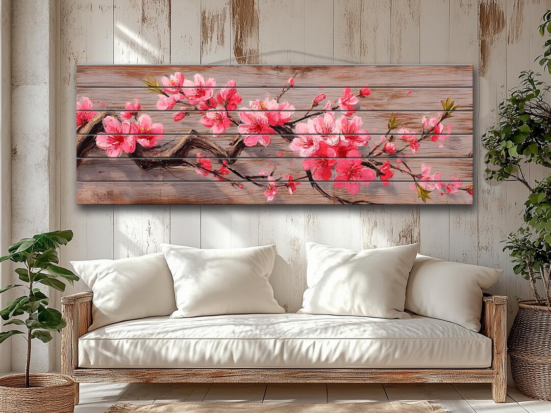 木製ウォールアート - 天然木に印刷された桜の枝の絵画、桜の木の