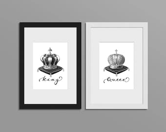 König und Königin-Wand-Dekor, König und Königin Krone, Paare Geschenk, König und Königin Kronen, Schach-Druck, Schlafzimmer Dekor, Schach Dekor, #HQSET07