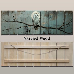 Wood Wall Art - Owl on a Branch under the Moonlight Print on Natural Wood, Rustic Owl Wall Art, Owl in Forest Painting, Abstract Owl Poster