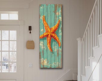 Arte mural rústico de madera: Estrella de mar impresa en madera, Arte mural costero, Decoración con pintura oceánica vintage