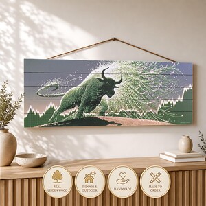May include: A rectangular wooden wall sign featuring a green bull illustration composed of digital binary code and light particles. The bull is positioned above a rising stock market graph. The sign is suspended by a brown rope attached to the top.