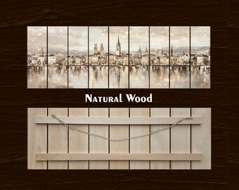 Lámina con el horizonte de Zúrich impresa en madera natural, decoración de pared de Suiza.