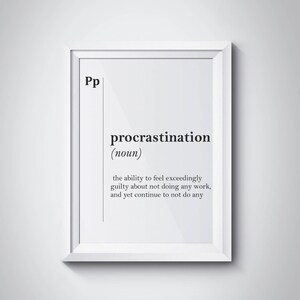 Procrastination Definition Print Office Decor Minimalism Poster Scandinavian Typography Dictionary Dorm Wall Art Black & White Minimalism