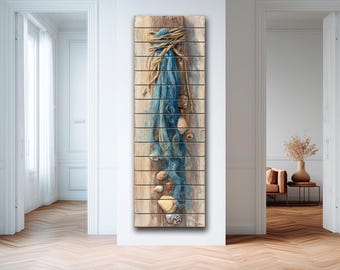 Decoración de pared en madera - Estampado de conchas marinas - Decoración náutica costera - Estampado de red de pesca en la playa sobre madera natural