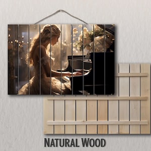 Beautiful Pianist Girl Print on Natural Wood, Rustic Piano Wall Art, Musician Gift, Pianist Gift, Framed and Ready to Hang